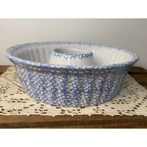 Vintage Blue Spongeware Ceramic Bundt Cake Mold Country Kitchen Cottagecore